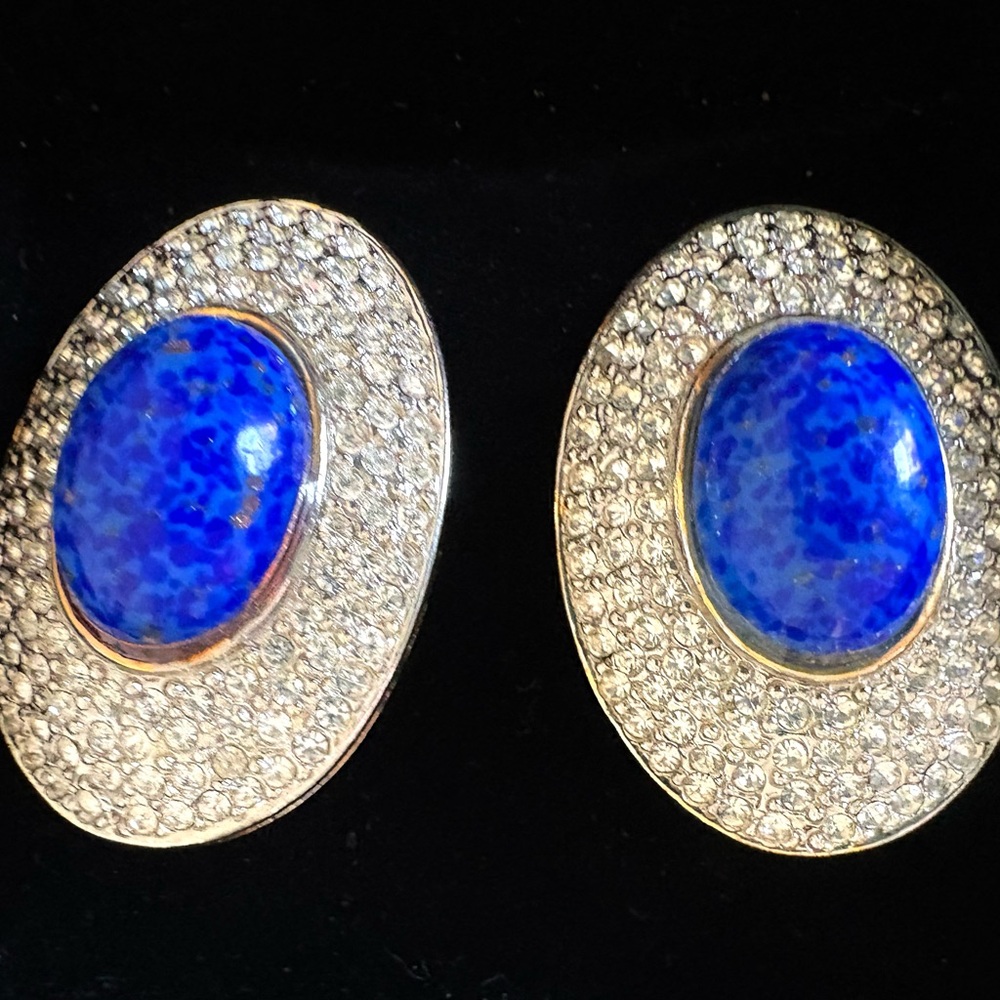Vintage Pave crystal and Lapis Clip Earrings - Picture 3 of 3
